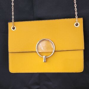 Unbranded Gold Circle Mustard Yellow Purse With Cross Body Gold Chain Strap